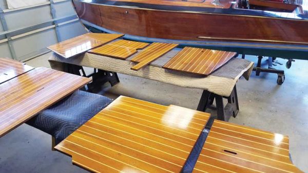 Spring varnish work covers every available surface in Classic Watercraft’s shop in Annapolis, MD.