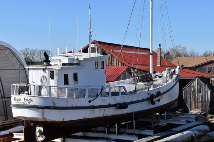 The buy boat Winnie Estelle hauled out for spring maintenance and Coast Guard inspection at the Chesapeake Bay Maritime Museum in St. Michaels, MD.