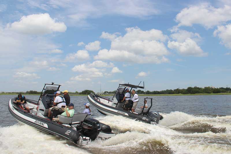 Demoing the Zodiac Open 5.5's on the Ashley River. Photo by PropTalk