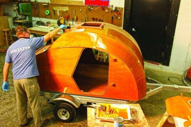 A teardrop camper made from a Chesapeake Light Craft kit... light enough to be towed by a Mini Cooper.