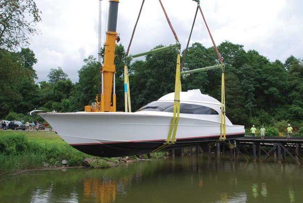 Special Situation, an F&amp;S 78, being launched at F&amp;S Boat Works in Bear, DE.