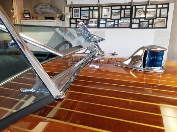 Newly re-chromed hardware sparkles on a Century Resorter at Custom Watercraft Restoration in Annapolis, MD.