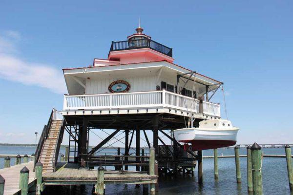 The Choptank River Lighthouse is a faithful replica of an earlier beacon that guided sailing vessels up and down the Choptank River.
