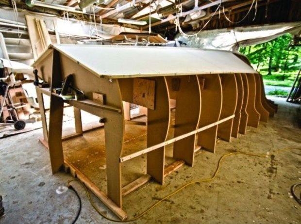 Composite construction. An example of a jig used to form the shape of a composite 27-footer at Bandy Boats in Riva, MD. Cold-molded boatbuilding employs a similar jig method. Photo by Gary Reich