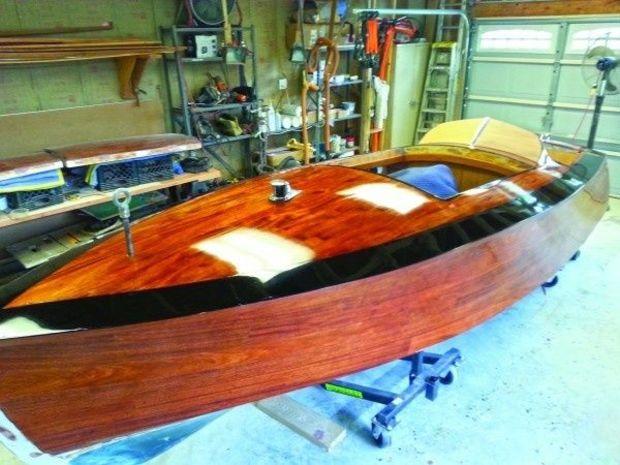 A replica 1935 Gar Wood 16-foot Speedster, powered by a 210-hp Chevy V6 takes shape at Classic Watercraft Restoration in Annapolis, MD. Photo by Anne Hannam