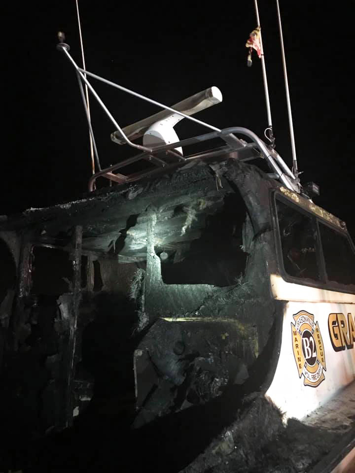 Despite a quick response, the fire boat suffered significant damage. Photo courtesy Grasonville Vol. Fire Dept/Facebook