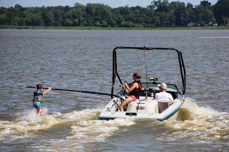 UCSC has a training boom that allows the skier to hold a pole near the boat driver instead of a tow rope behind the boat.