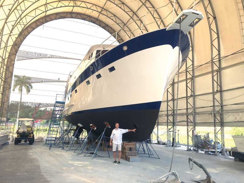 Miller Time on the hard in 2017 at Lauderdale Marine Centerfor a complete refit for full sanding and repaint from top to bottom, running gear, hydraulics, and new electronics.