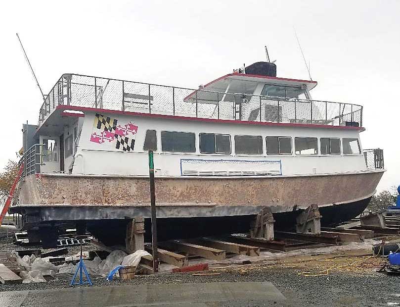 Watermark’s Annapolitan ll being prepped for a new hull paint job at Yacht Maintenance Company in Cambridge, MD.