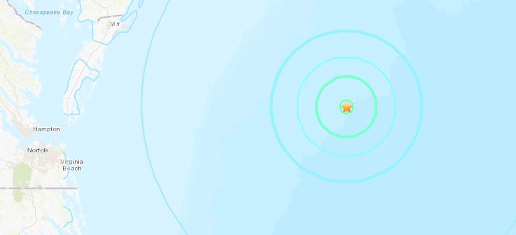 A 4.7 magnitude earthquake was reported off the coast of Ocean City, MD. Map courtesy USGS