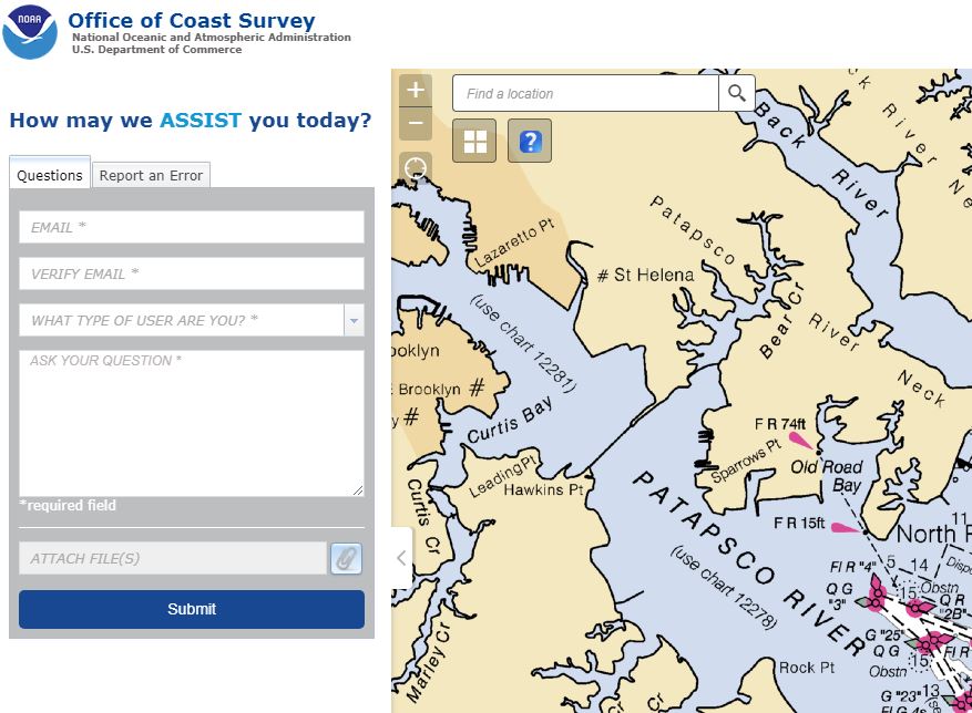 Submit questions and report nautical chart errors on NOAA's ASSIST page.