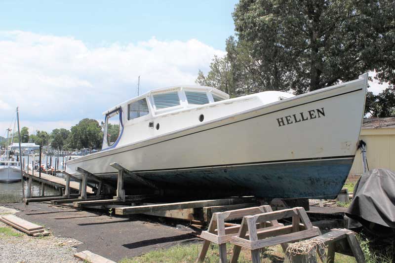 The 44-foot 1939 box stern deadrise, Hellen, on the railway cradle at Collins Marine Railway in Deale, MD. Photo by Rick Franke