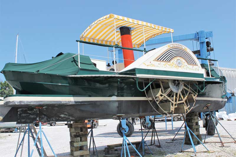 The 32-foot side wheeler P Y Fubbs in the yard after a new engine installation at Gunther Marine in Edgewater, MD. Photo by Rick Franke