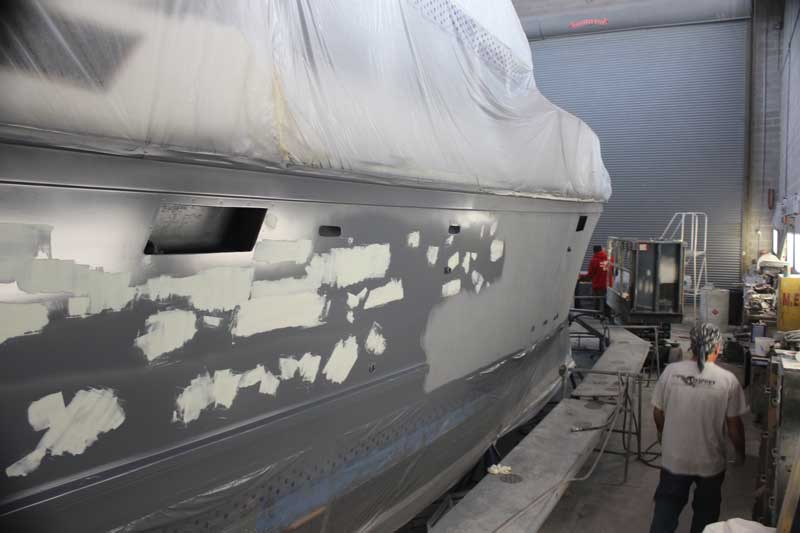 A Jefferson Motor yacht being prepped for new Awlgrip at Osprey Marine Composites in Tracys Landing, MD. Photo by Rick Franke