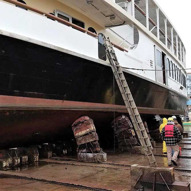 Watermark’s Raven hauled out for a bottom repainting at General Ship Repair in Baltimore, MD.