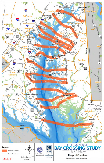 The draft options for the new Chesapeake Bay Crossing have been published. Courtesy Chesapeake Bay Crossing