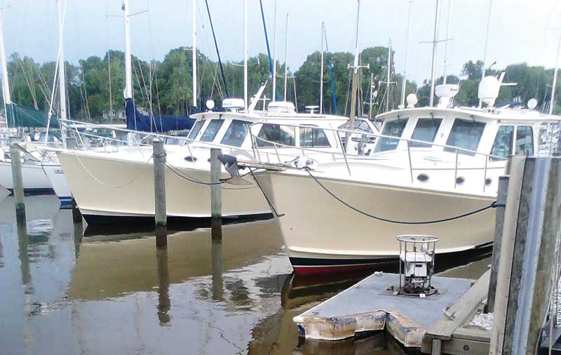 Thomas Point 43 Sawdust  and Thomas Point 40 Regina Marie newly launched after winter refinishing and ready for the season at Mast and Mallet in Edgewater, MD.