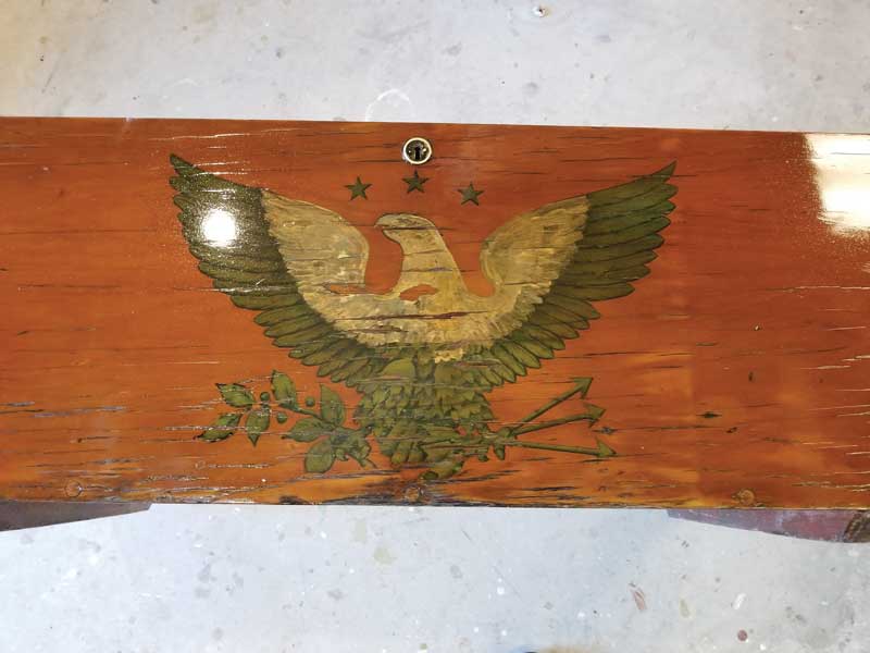 An American Eagle design, estimated to be 55 years old, uncovered during refinishing of a Boston Whaler console at Classic Watercraft Restoration in Annapolis, MD.