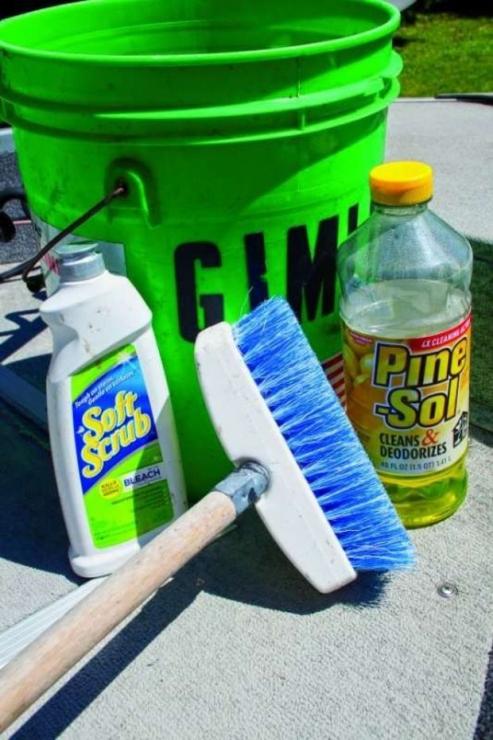 All you need to clean your boat after each trip. Note the sturdy broom handle on the scrub brush.