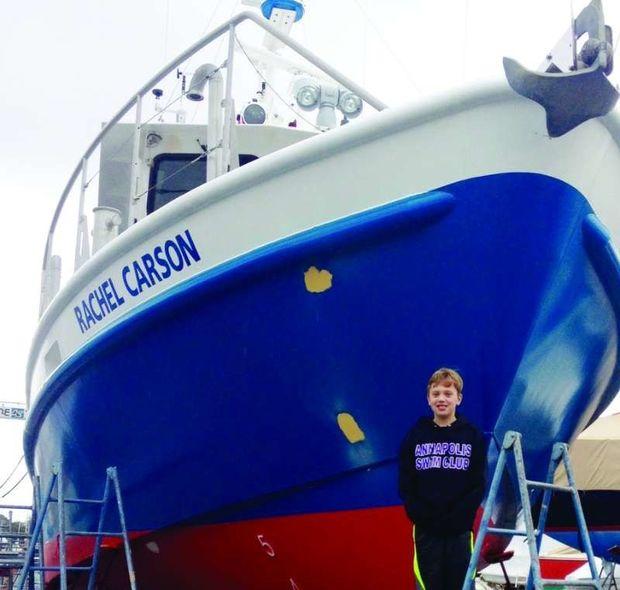 Rachel Carson, the University of Maryland’s research vessel, on the ways at Washburn’s Boat Yard in Solomons MD. The supervisor is Nick Hulme, nine year old son of director of marine operations Mike Hulme.