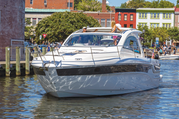 Kate and Tom on their Bavaria 44 Sport Baywash in Ego Alley in Annapolis. Photo by Billy Black