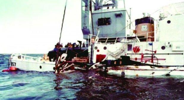 Just nine days after sinking, the Cuyahoga was raised by two Navy cranes on October 29, 1978. Photo courtesy U.S. Coast Guard