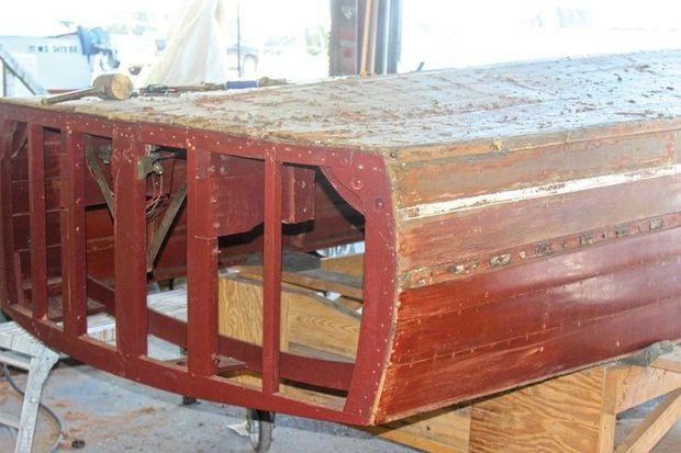 A 1953 Chris-Craft runabout getting a new bottom and transom at Mast and Mallet in Edgewater, MD. Photo by Rick Franke