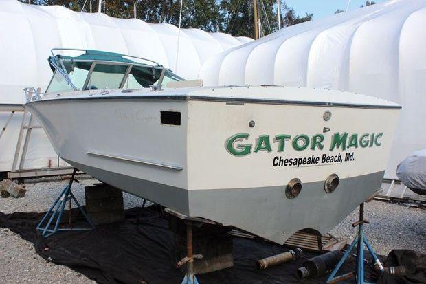 Gator Magic, a 1973 Chris-Craft runabout receiving a new engine, fuel tank, and major cosmetic repairs at Scandia Marine Services in Annapolis. Photo by Rick Franke
