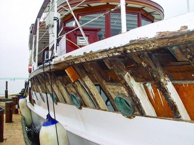 The Sequoia having her topsides planks removed at CBMM in 2003. Photo by CBMM