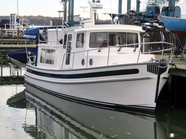 A Nordic Tug 34 with a six-cylinder Yanmar 6BY3-260 in the yard for some engine work at Hartge Yacht Yard in Galesville, MD.