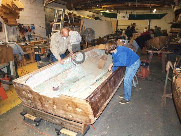 The interior of this early 50s Whirlwind had been coated with auto body filler putty. As part of the school’s restoration plan it is being painstakingly removed without damaging the original plywood.