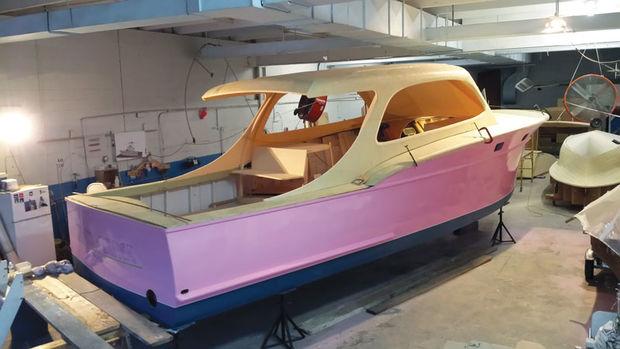 The restored 1955, 36-foot Rybovich, hull number 18, in the Bandy Boats shop in Mayo, MD.