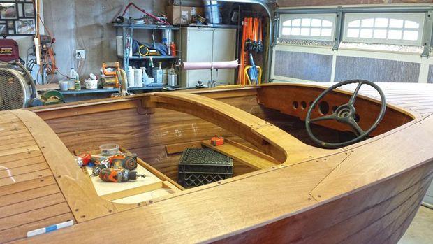 New deck planks being installed on a 1938 Century Sea Maid at Classic Watercraft Restoration in Annapolis, MD.