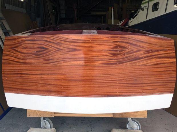 A new transom on a vintage Chris Craft runabout at Mast and Mallet in Mayo, MD.