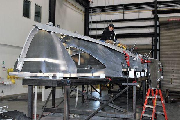 Hull number three of the Sagamore water taxis takes shape upsidedown in the shop at Maritime Applied Physics Corp. in Baltimore, MD. Photo by Rick Franke
