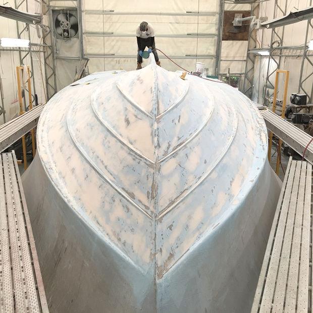 The bottom of a CY 46 at Composite Yacht.