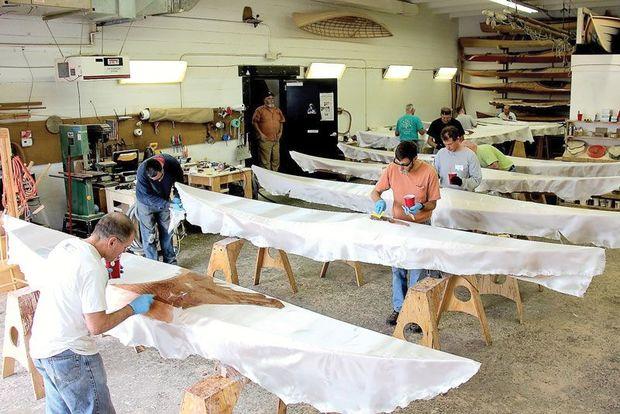 A spring kayak building class nearing completion in the shop at Chesapeake Light Craft in Annapolis, MD. Photo by Nancy Noyes