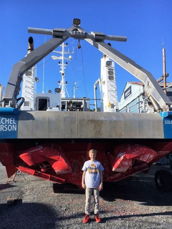 The University of Maryland’s Research vessel Rachel Carson in the yard at Washburn’s Boat Yard in Dowell, MD. The supervisor is the vessel’s master Mike Hulme’s 10-year-old son.