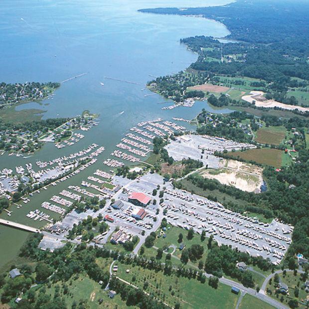 Aerial photograph of the harbor, Shipwright Harbor Marina (lower left), and Herrington Harbour North (right). Photo courtesy Herrington Harbour North