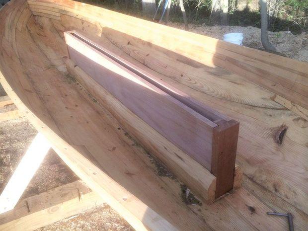 The log canoe Eve taking shape in builder John Cook’s backyard in Hollywood, MD.