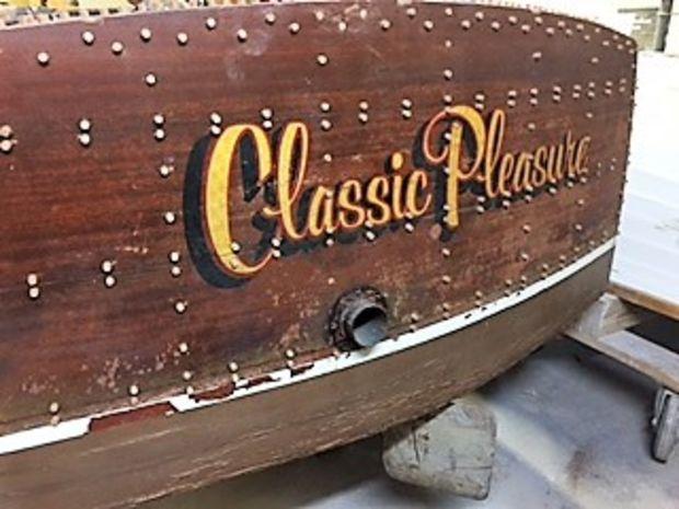 Classic Pleasure, a 1949 18-foot Chis-Craft Sportsman, is being refastened at Classic Boat Restoration and Supply in Philadelphia, PA.
