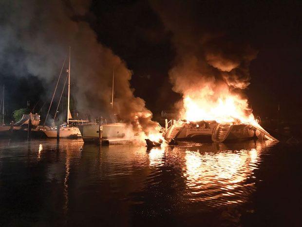 A boat fire in Falmouth, MA, in the early morning July 11. Photo courtesy of Chris Sullivan A boat fire in Falmouth, MA, in the early morning July 11. Photo courtesy of Chris Sullivan