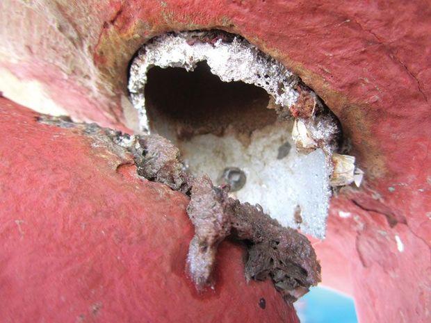 All that’s left of a two-inch rudder post and port destroyed by electrolysis at Hartge Yacht Yard in Galesville, MD.