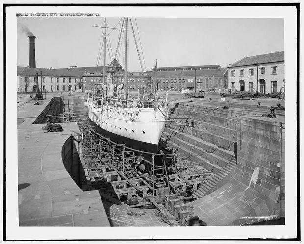 Stone dry dock at the Norfolk Navy Yard, 1905. Photo courtesy Library of Congress, Prints &amp; Photographs Division, Detroit Publishing Company Collection