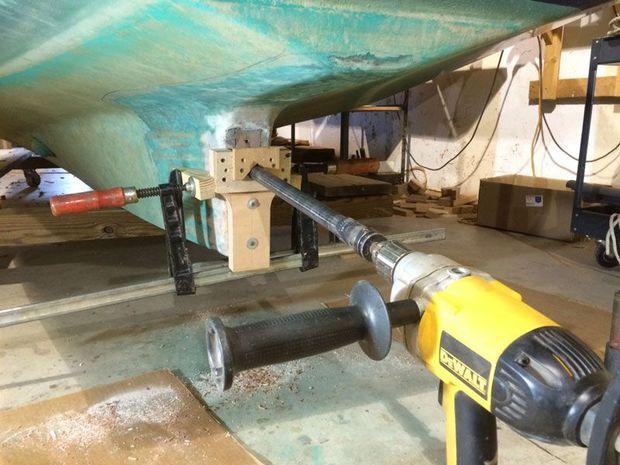 A temporary boring jig for enlarging the shaft log on an Atkins Launch at Choptank Boat Works in Denton, MD.