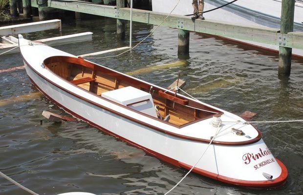 Pintail, a Hooper Island Draketail, built by the Apprentice for a Day program, floats right on her lines after being launched at the Chesapeake Bay Maritime Museum in St. Michaels, MD. Photo by Rick Franke