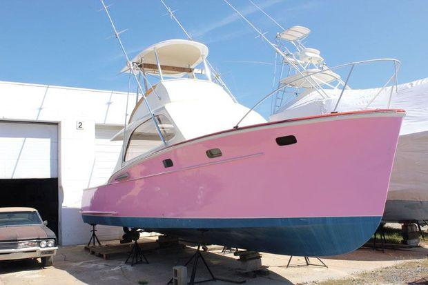 Timid Tuna, a rebuilt and modified 1955 Rybovich awaiting final tweaks in front of the shop in Mayo, MD. Photo by Rick Franke