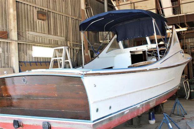 A 29-foot Wayne Goddard Custom in for refinishing at Mast and Mallet in Edgewater, MD. Photo by Rick Franke