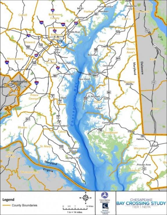 The study area is a broad geographic area that includes the entire length of the Chesapeake Bay in Maryland. Courtesy MDTA