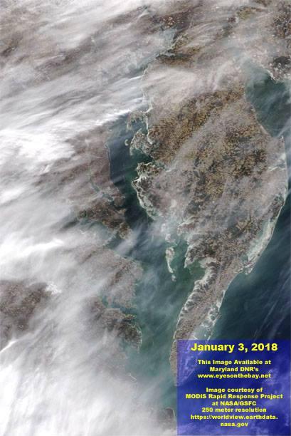 Satellite image of the Chesapeake Bay taken Jan. 3 shows ice covers at Tangier Sound, the Choptank River, and coastal Bays. Courtesy Eyes on the Bay/Maryland DNR